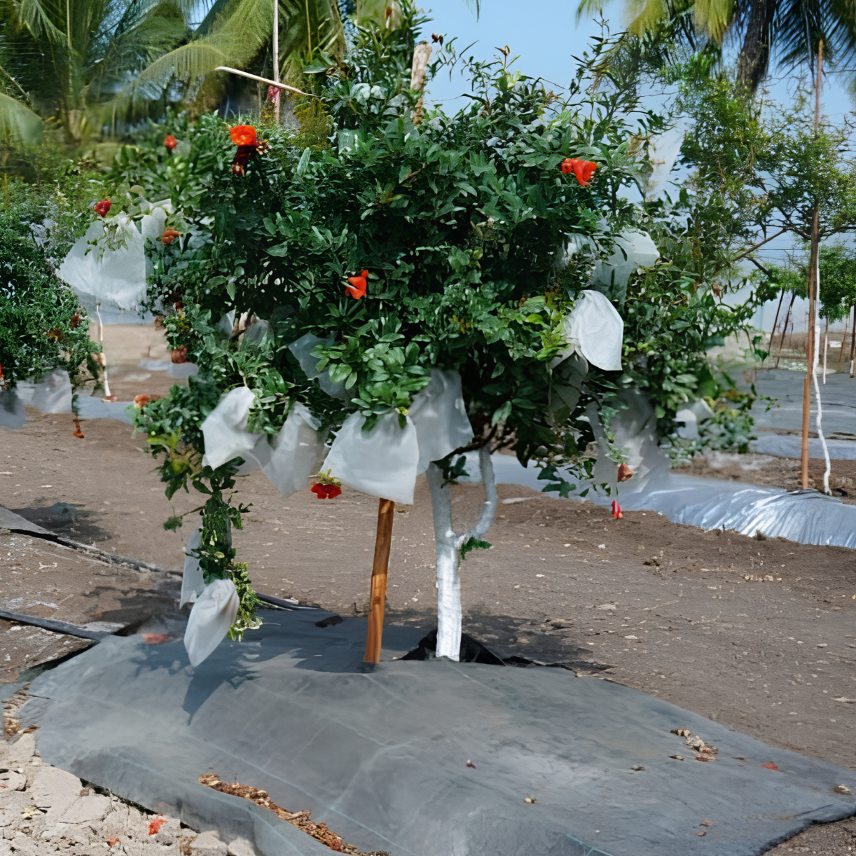 GroKhet Fruit Cover installed over vegetable crops